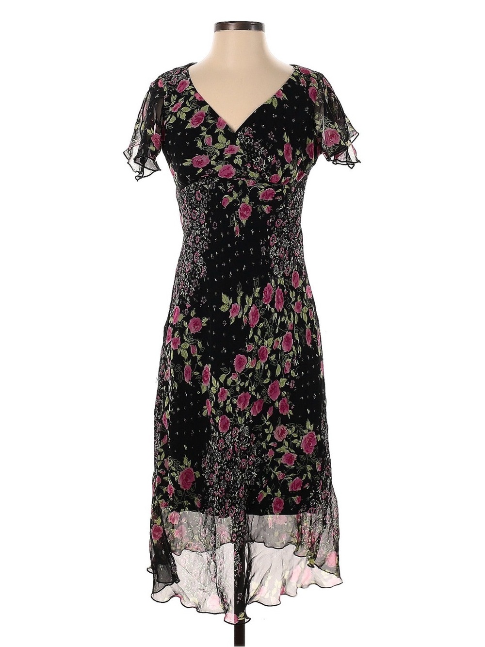 DressBarn Black Floral V-Neck Midi Dress with Flutter Sleeves